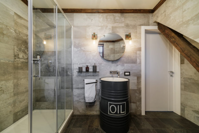 плочки в интериора на банята в стил таванско помещение