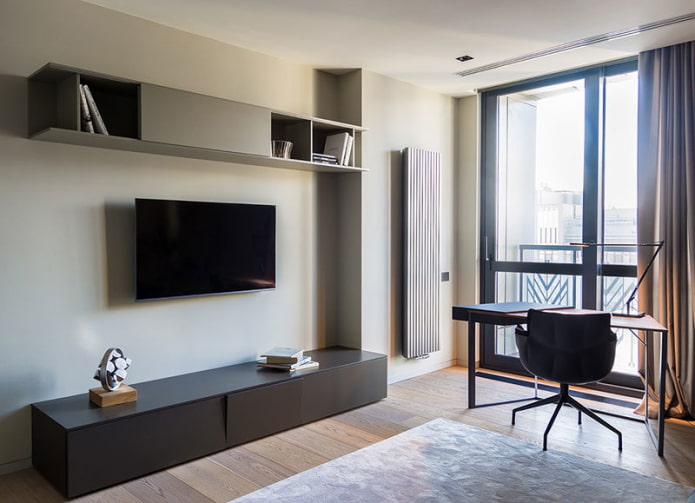 Tv-stativ i interiøret i stil med minimalisme