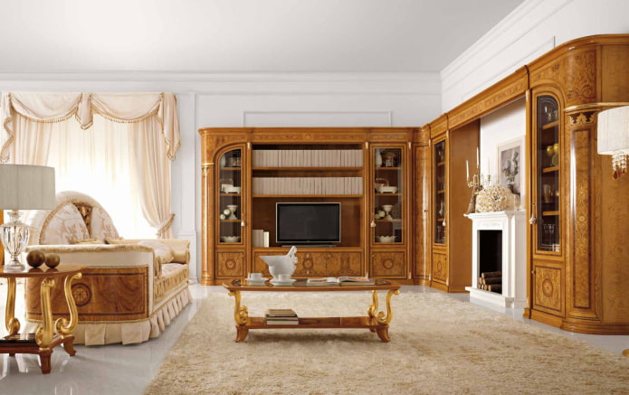 ъглов гардероб в интериора на залата в класически стил