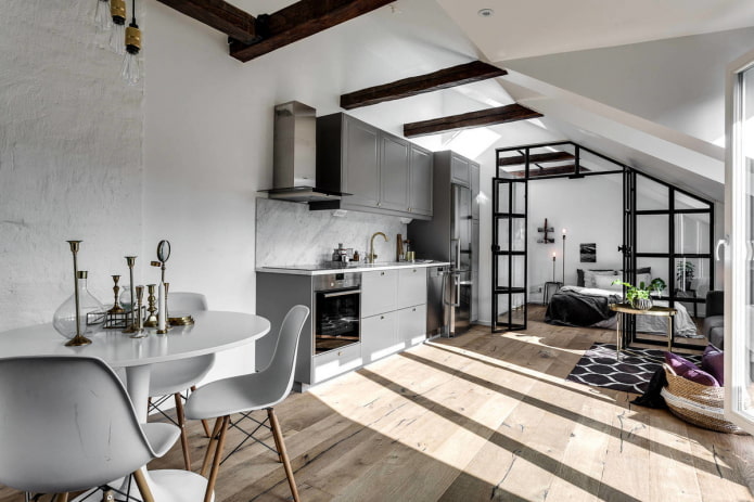 интериорен дизайн на кухня-студио в скандинавски стил