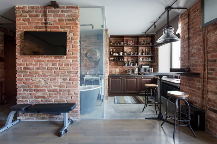 indretning af et køkken-studio i loft-stil