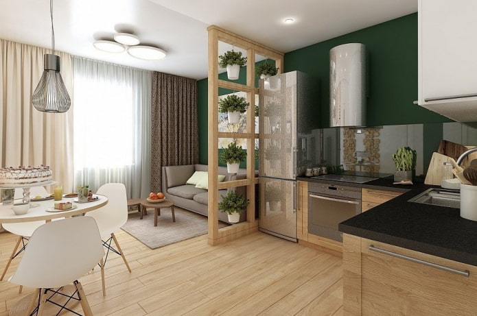 ekologiško stiliaus studijos tipo apartamentų interjeras