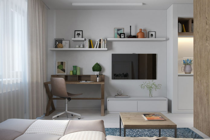 darba zonas dizains studijas tipa dzīvokļa interjerā