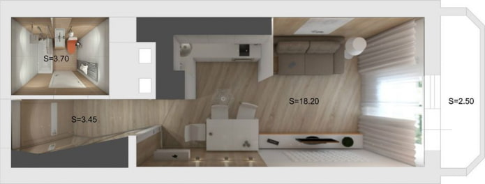 de indeling van het appartement is 18 m²