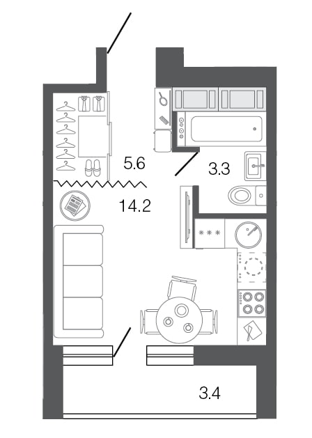 разпределението на апартамента е 18 кв.м.