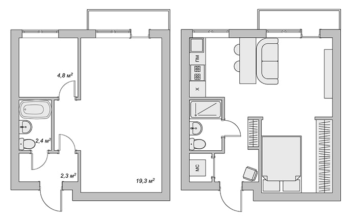 layout do estúdio 29 sq. m.