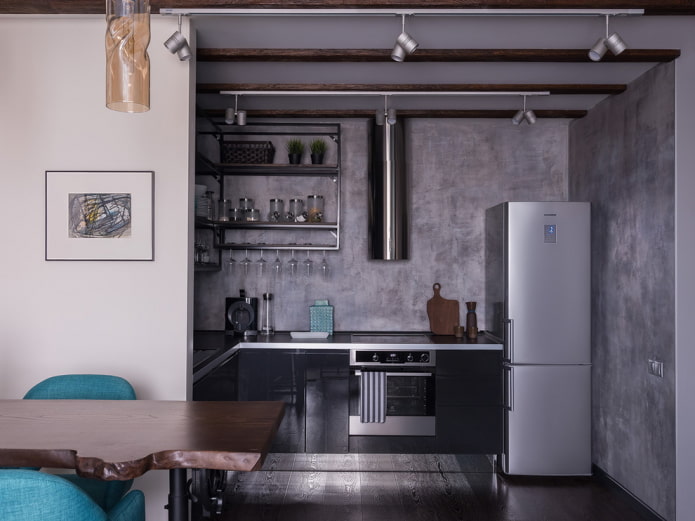 virtuvės plotas studijos tipo apartamentų interjere