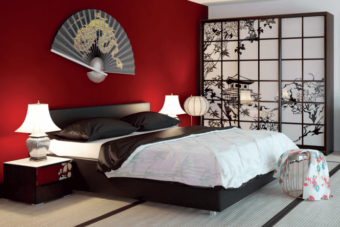 Japon tarzında yatak odasının iç kısmındaki gardırop