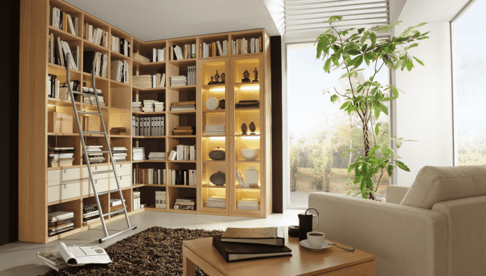 خزانة الكتب في غرفة المعيشة الداخلية