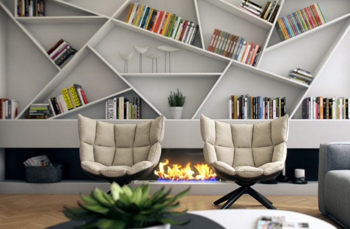 poličky na knihy v interiéri v modernom štýle