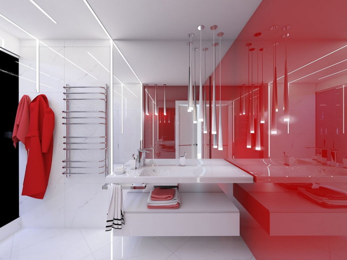 raudonų ir baltų atspalvių vonios kambarys