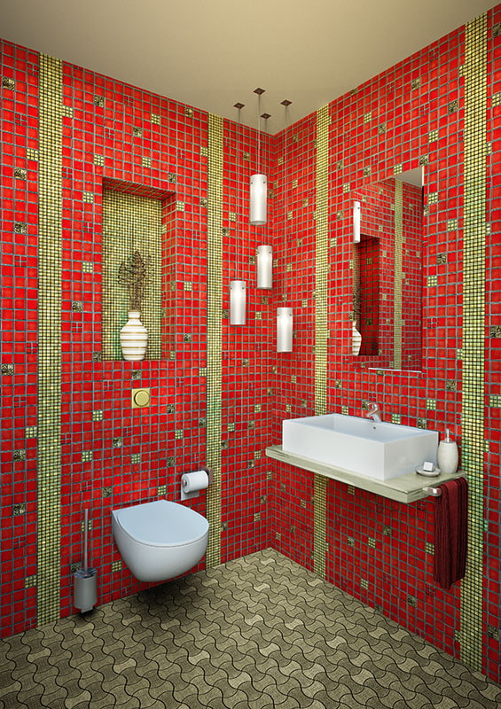 raudonai žalių atspalvių vonios kambarys
