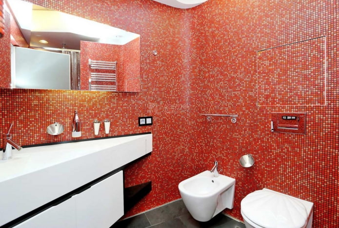 raudonų atspalvių vonios kambario interjeras