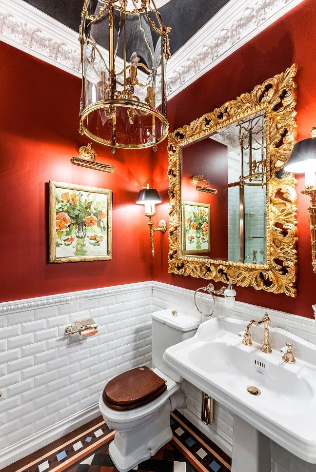 badeværelse interiør i røde farver