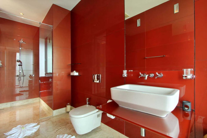 raudonų atspalvių vonios kambario interjeras