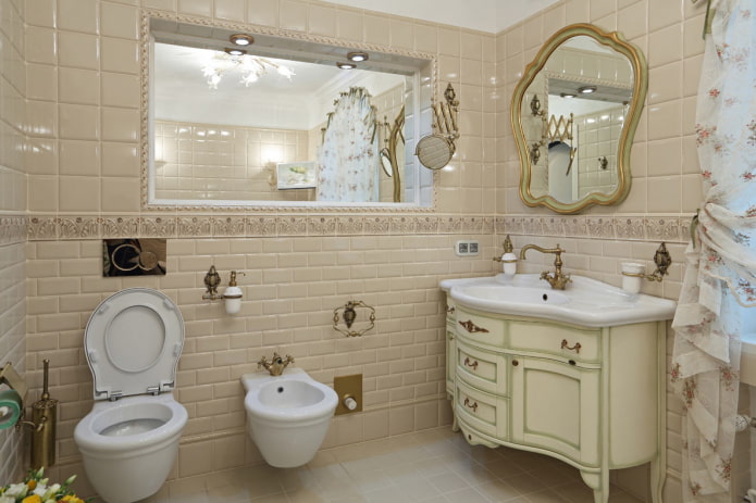 Toilet phong cách Provence và bồn rửa vệ sinh trong phòng tắm