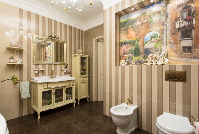 Natūralių rudų atspalvių vonios kambarys