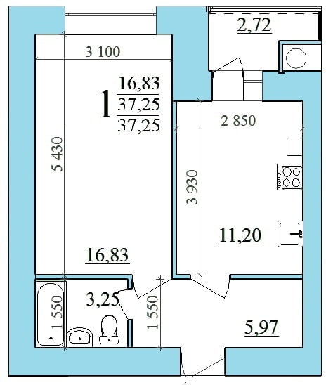 Superfície de l’apartament de 37 metres quadrats