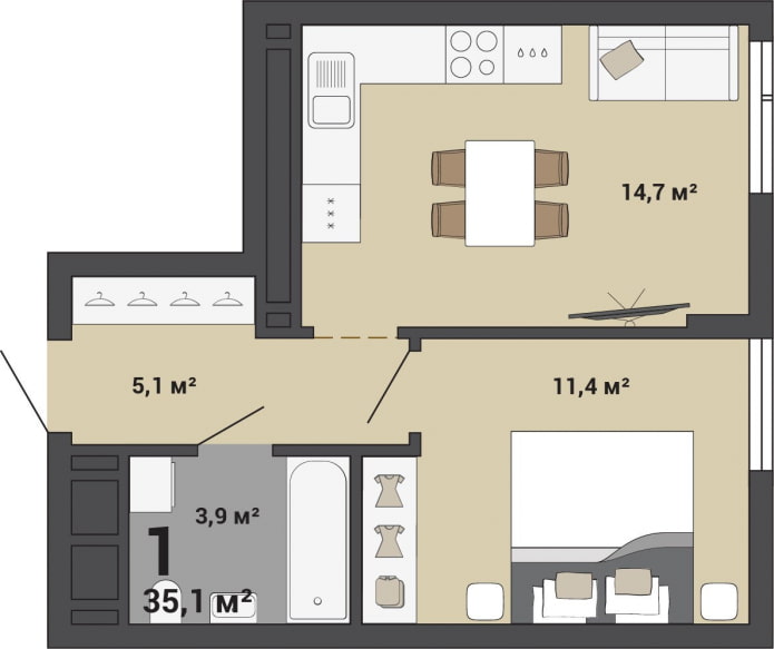 Układ mieszkania to 35 m2. m.