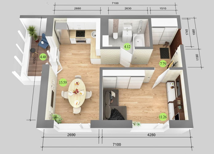 Разпределение на апартамент от 38 квадратни метра с кадри