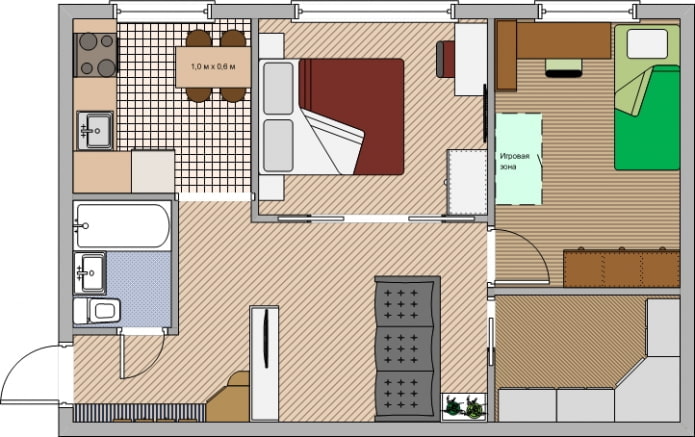 De indeling van het appartement is 45 m². m.
