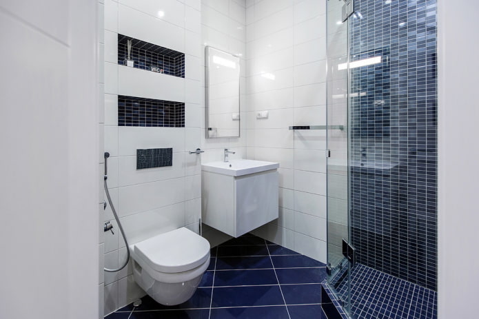 nội thất phòng tắm với tông màu trắng và xanh