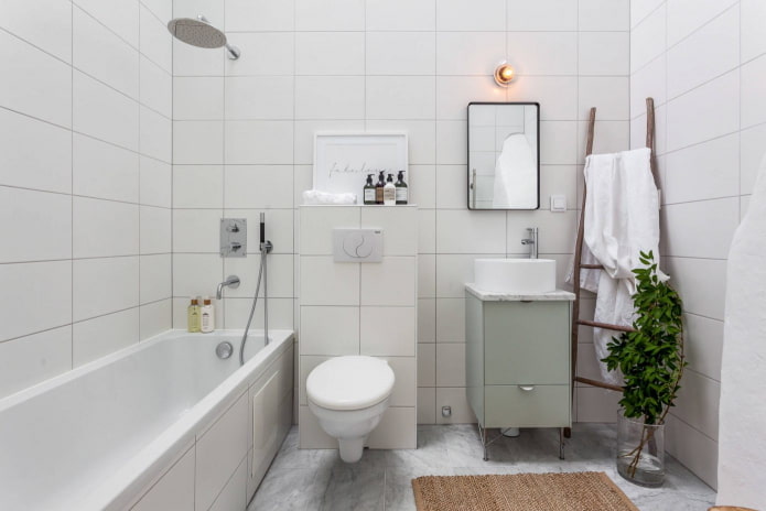 skandinaviško stiliaus baltų tonų vonios kambarys