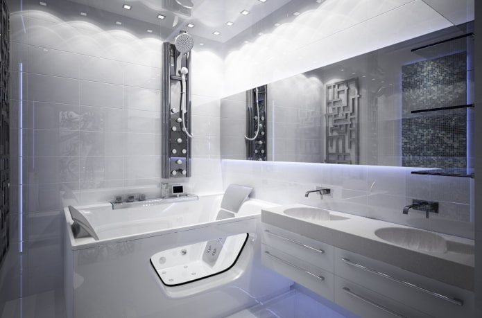 baltos aukštųjų technologijų stiliaus vonios kambarys