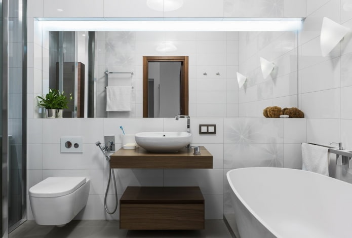 modernaus stiliaus baltų tonų vonios kambarys