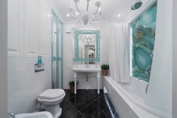 interiér kúpeľne v bielej a tyrkysovej farbe