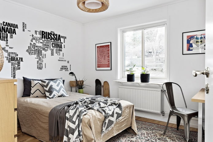 bilik tidur untuk seorang remaja lelaki dalam gaya Scandinavia