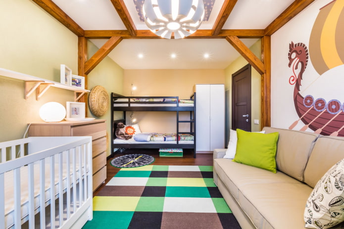 design della camera da letto per tre bambini di età diverse