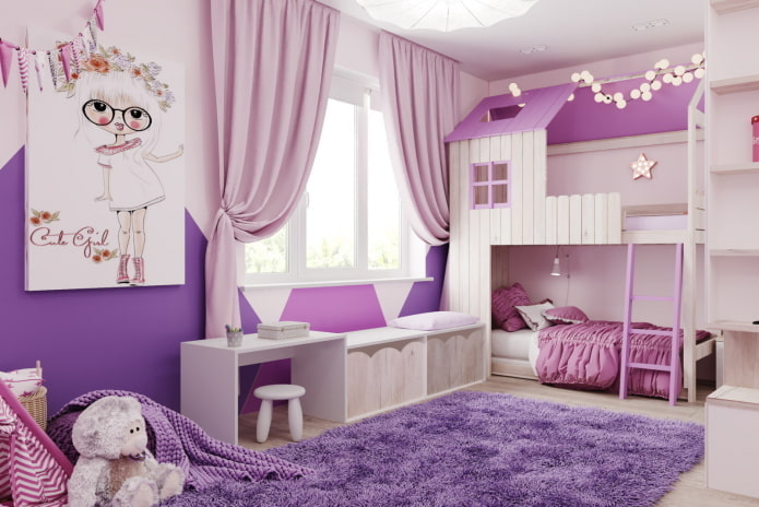 fioletowy pokój z domkiem-łóżko