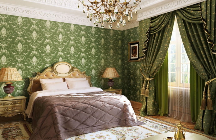 zaļa guļamistaba klasiskā stilā