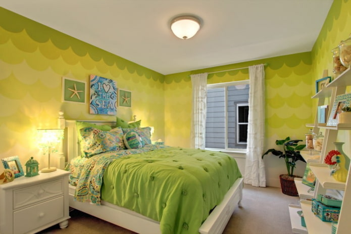 yeşil tonlarda yatak odasının iç kısmındaki renk kombinasyonu