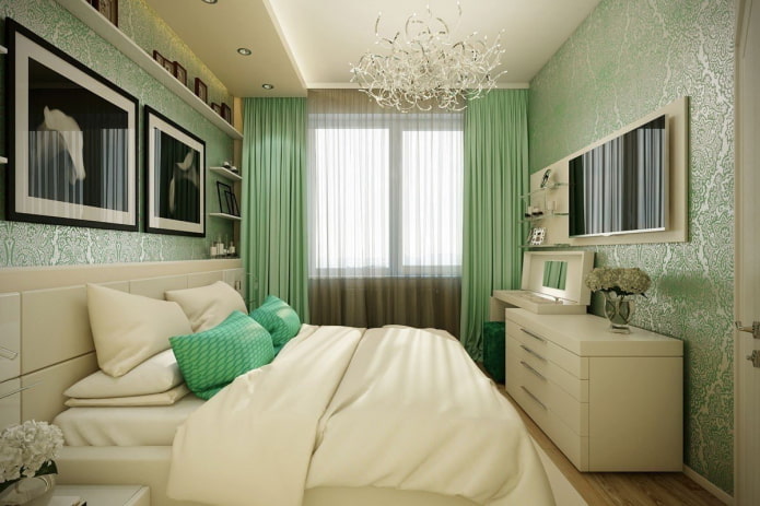 farvekombination i det indre af soveværelset i grønne toner