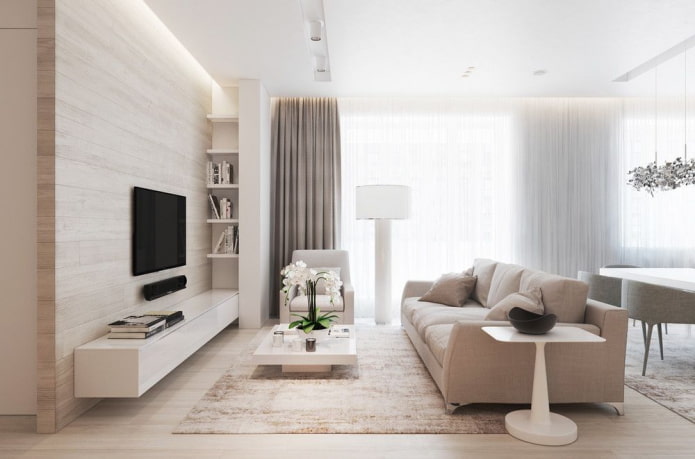 interiér béžového obývacího pokoje v moderním stylu