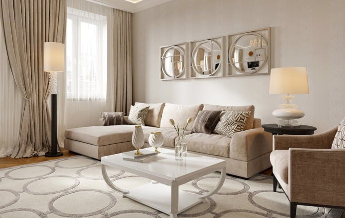 smilškrāsas dzīvojamās istabas interjers neoklasicisma stilā