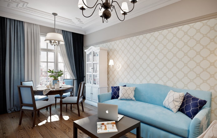 interiér obývacího pokoje v béžových a modrých odstínech