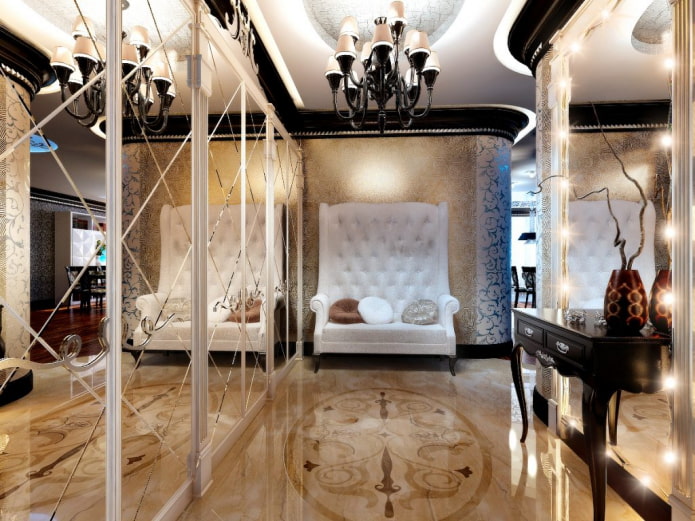 Canapea cu spate înalt și dulapuri cu oglinzi