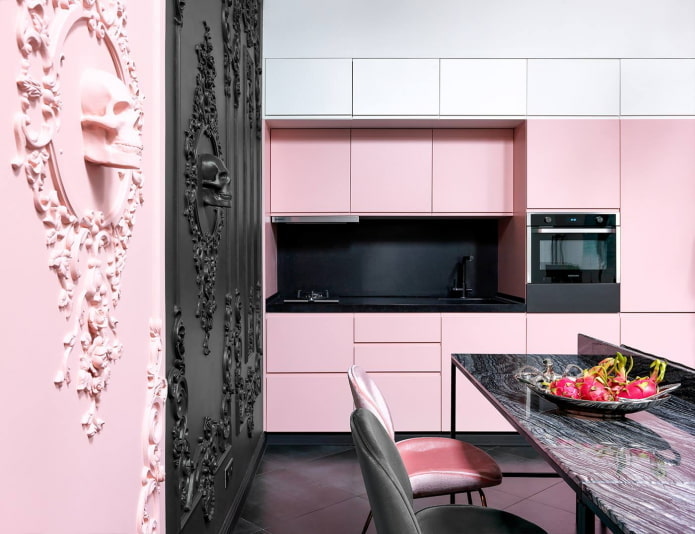 Zwart en roze eenrijige keuken