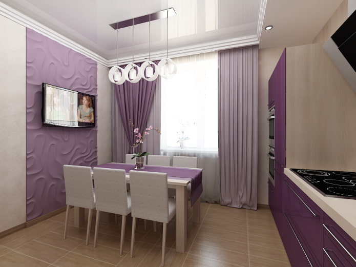 perdele în interiorul bucătăriei în tonuri violet