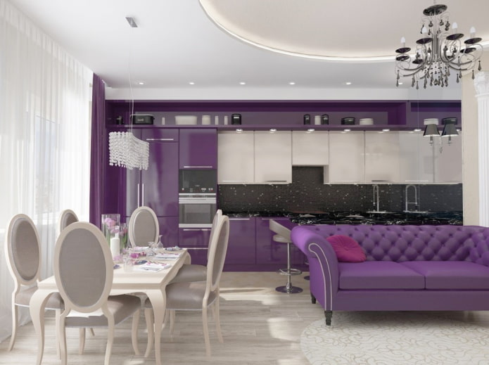 interiér kuchyně ve fialových tónech
