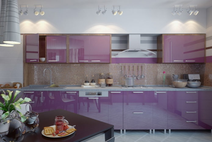 wystrój i oświetlenie we wnętrzu kuchni w fioletowej tonacji
