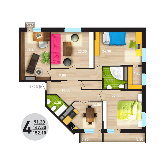 layout af en 4-værelses lejlighed