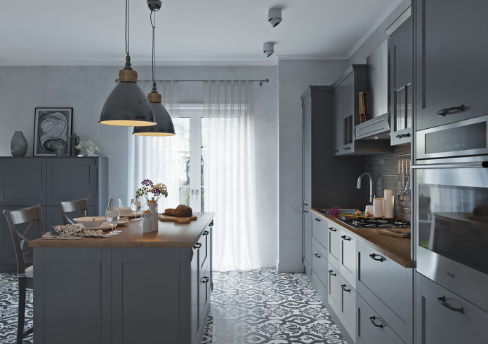 pilkos spalvos virtuvės interjeras