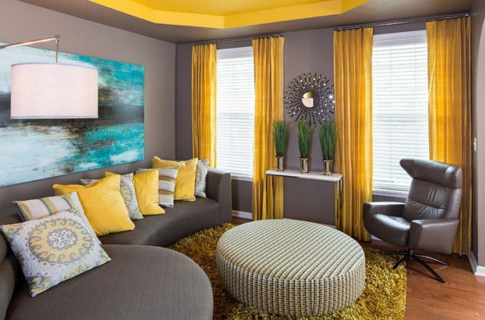 design interiéru v šedo-žlutých tónech