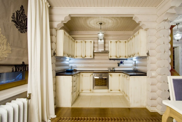 køkken design i det indre af et bjælkehus