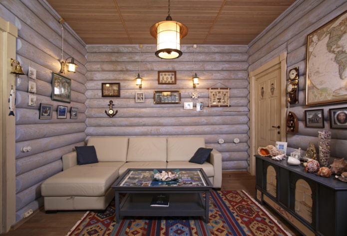 дизайн на хола в интериора на дървена къща