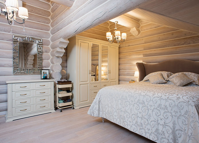 дизайн на спалня в интериора на дървена къща